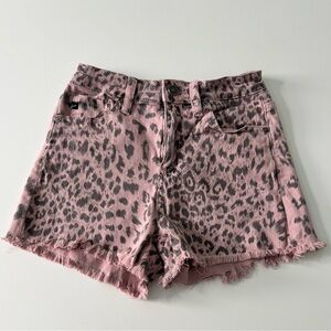 KanCan Pink and Black Cheetah Print Denim Shorts